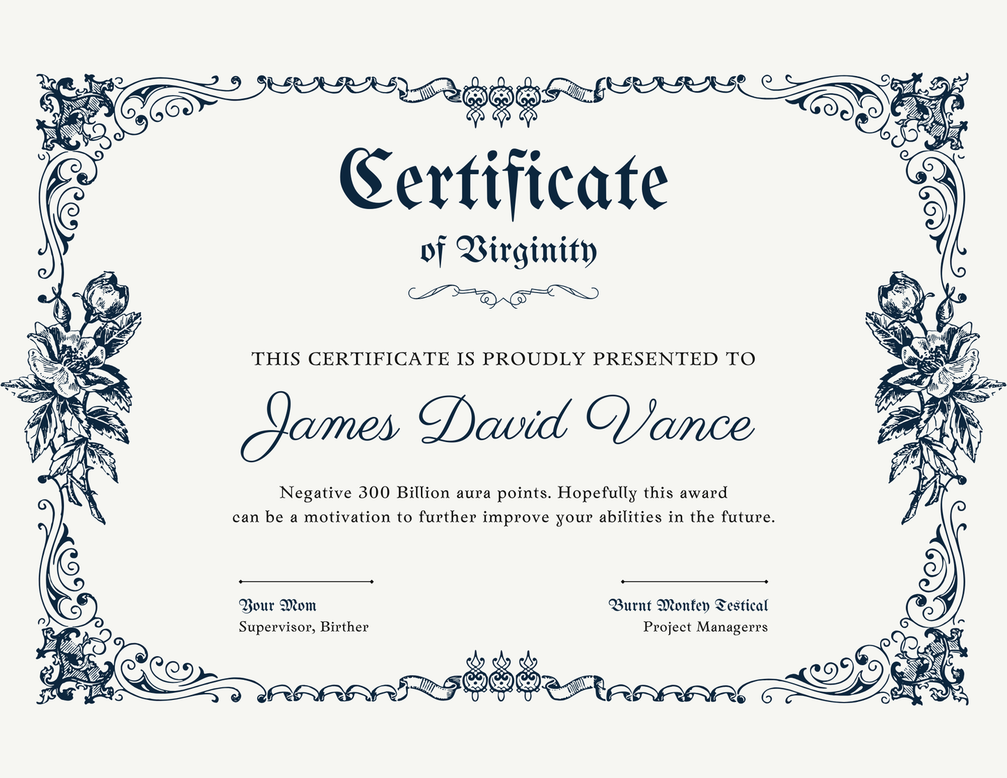 Vintage Certificate of JD Vance's Virginity